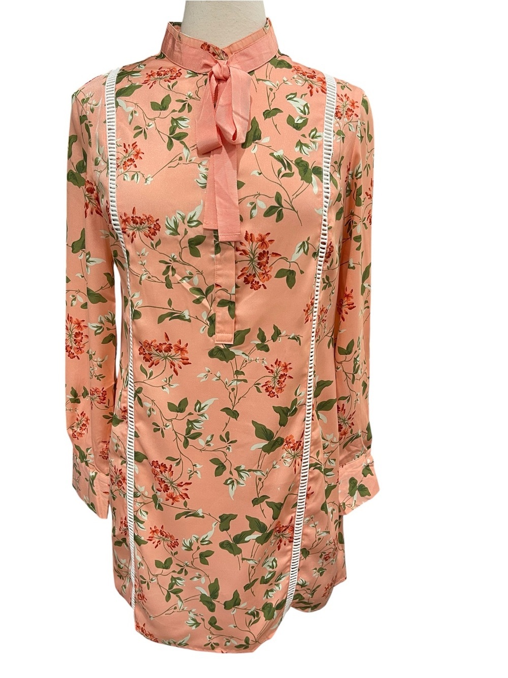 New Endless Rose Tie Neck Peach Floral Long Sleeve Dress SZ M Peach Orange